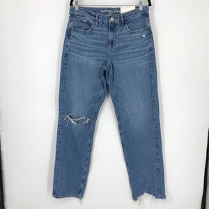 American Eagle Jeans Womens 8 Long Blue 90s‎ Straight High Rise Distressed NWT